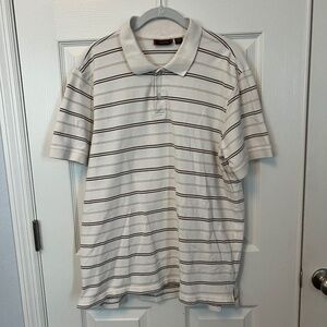 Tasso Elba Mens Cream/Brown Retro Striped Polo Shirt Casual Golf Wear Size L